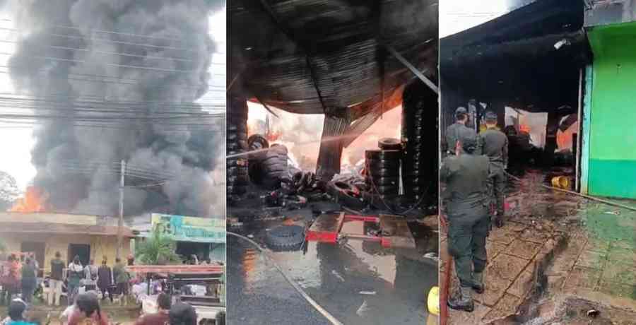 Incendio consume una comercializadora de llantas en Pando; bomberos de Brasil ayudan a sofocar el fu